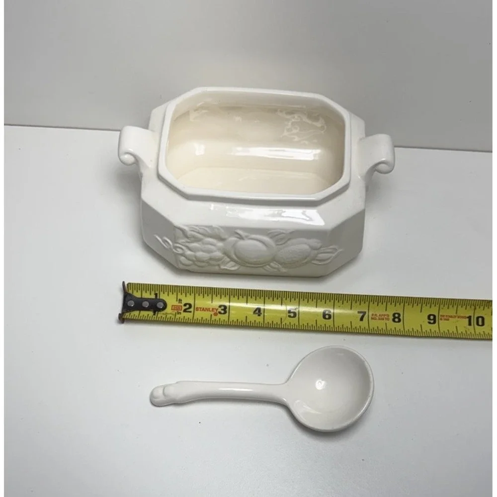 Vintage Glazed Ceramic‎ Tureen Made in Japan • White Fruit Design • Lid & Spoon